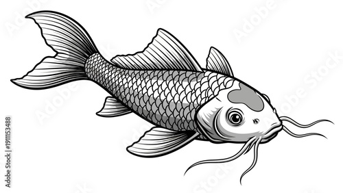 Detailed monochrome illustration of a koi carp fish with flowing fins