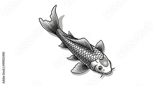 Detailed monochrome illustration of a koi carp fish on a clean white backdrop