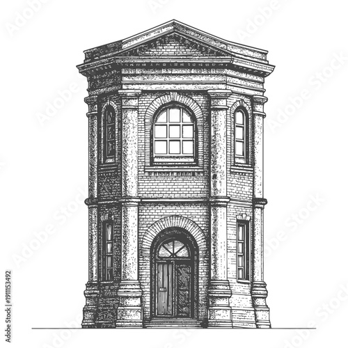 Detailed black and white illustration depicts a historic brick building structure