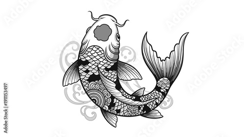 Elegant black and white illustration of a koi carp in japanese style