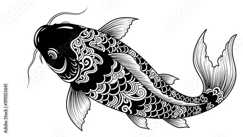 Elegant black and white koi fish illustration on white background