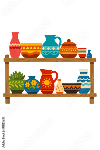 Vibrant hand‑crafted ceramics displayed orderly on a wooden shelf, highlighting diverse shapes and patterns, perfect for artistic and cultural motifs