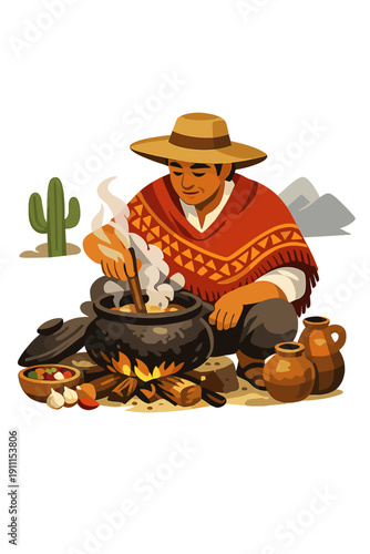 A genuine depiction of a man preparing a steaming meal in a classic pot, evoking cultural, culinary, travel, and heritage themes, ideal for food blogs, travel pieces, and cultural content