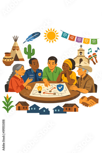 A group of local leaders planning crime reduction strategies during a community meeting amid cultural motifs