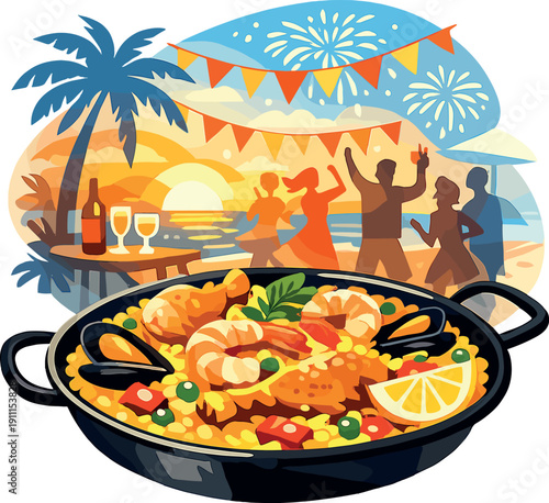 Seafood paella and succulent chicken, infused with aromatic saffron, highlight Spanish flavors, celebrating a dynamic theme with double exposure against a beachside backdrop