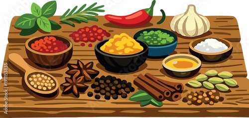 A vibrant mix of spices and herbs displayed on a wooden table invites culinary and cultural exploration within gastronomy and cooking