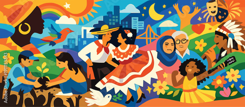 A lively community mural showcasing cultural diversity and celebration within an urban setting