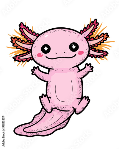 Adorable cartoon axolotl with vibrant pink and orange gills swimming in water from a front viewpoint illustration