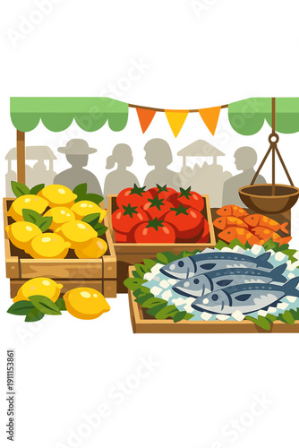 At a lively local market, fresh lemons, tomatoes, and fish create ideal scenes for food, market life, and cultural themes