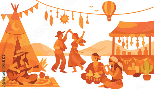 A flat design side view of a Bohemian festival celebrating culture, featuring water color and an analogous color scheme