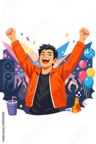A young man in a bright orange jacket jubilantly raises his arms amid a vivid, colorful nightlife scene, his excitement reflecting celebration and community