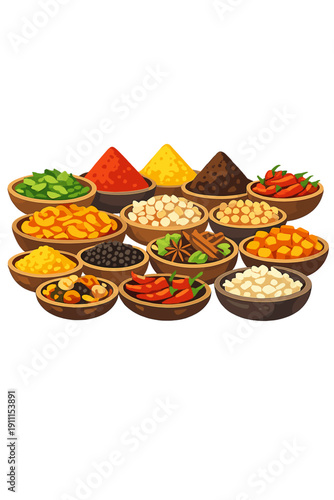 Colorful spices and snacks arranged in bowls at a traditional market showcase diversity, culture, and culinary richness, making them ideal for food-themed and cultural designs