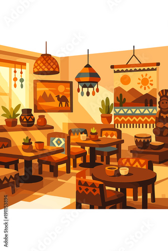 Warm sunlight streams into a snug ethnic-style restaurant decorated with cultural artwork