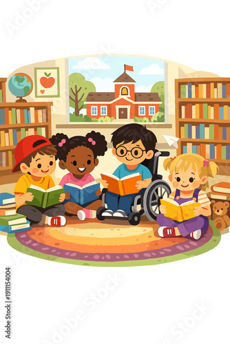 Create an illustration featuring children of varied backgrounds reading together, emphasizing local schools, with selective focus, an inclusive whimsical theme, multilayered detail, and a public