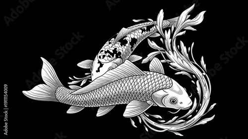 Elegant illustration of two koi fish with artistic water effects