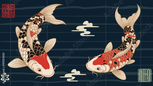 Elegant illustration of two koi fish with traditional japanese design