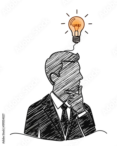 Man in suit contemplating with lightbulb above head, illustrating creative thinking and problem-solving concept