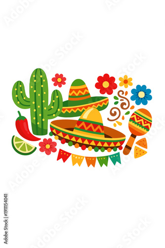 A lively, colorful illustration that showcases traditional Mexican motifs such as sombreros, flowers, and a cactus, celebrating the region's rich cultural heritage and festivities