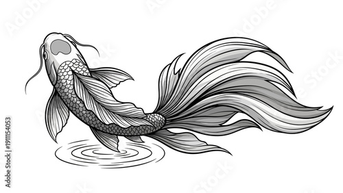 Elegant koi fish illustration in black and white with detailed scales