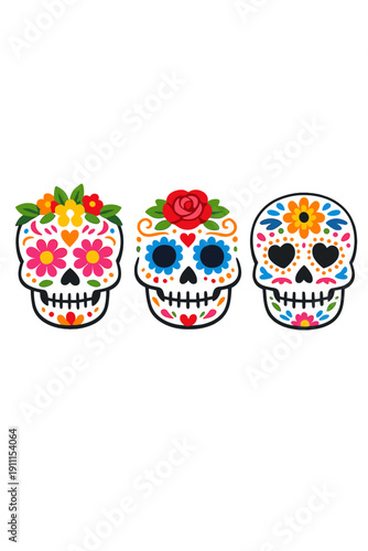 Vibrant skull decorations featuring floral patterns, ideal for cultural art, festival themes, and distinctive home décor