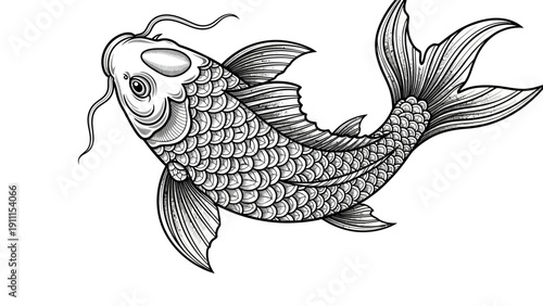 Elegant koi fish illustration in detailed monochrome art isolated on white