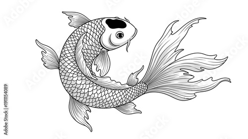 Elegant koi fish illustration monochrome style swimming in water