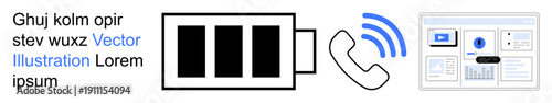 Technology, connectivity, user interface, battery life, mobile communication, energy efficiency. Battery icon, phone receiver with signal interface layout. Connectivity and technology concepts
