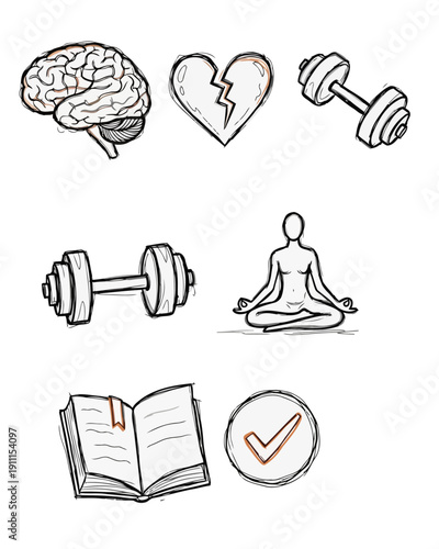 A person meditating surrounded by symbols of fitness and mental well-being, including dumbbells, a brain, a heart, and a book with a checkmark, in a serene and healthy environment.