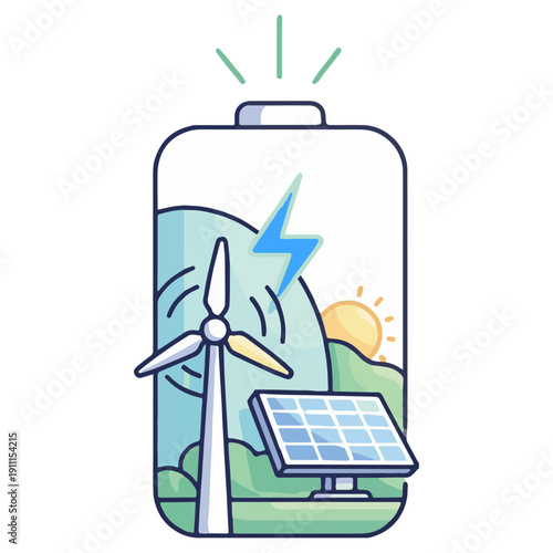 Green energy battery vector icon with wind turbine, solar panel, sun, and mountains, isolated on white