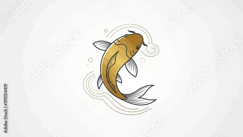Golden koi fish illustration floating with decorative swirls on white
