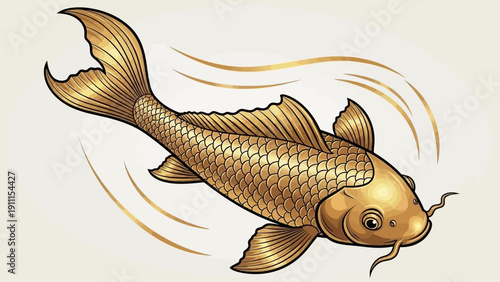 Golden koi fish illustration floating with flowing lines isolated