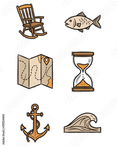 Illustrations of nautical elements and leisure items arranged in a grid layout