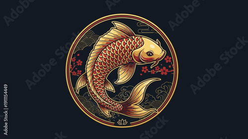 Golden koi fish in circular design with floral elements