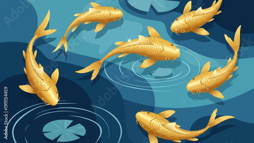 Golden koi fish swimming in pond illustration against dark blue background