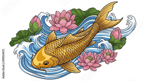 Golden koi fish swimming among lotus flowers and water waves illustration