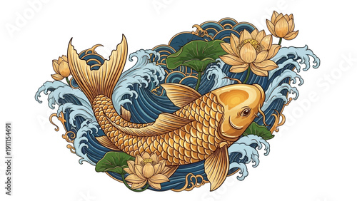 Golden koi fish swimming among water lilies and lotus flowers