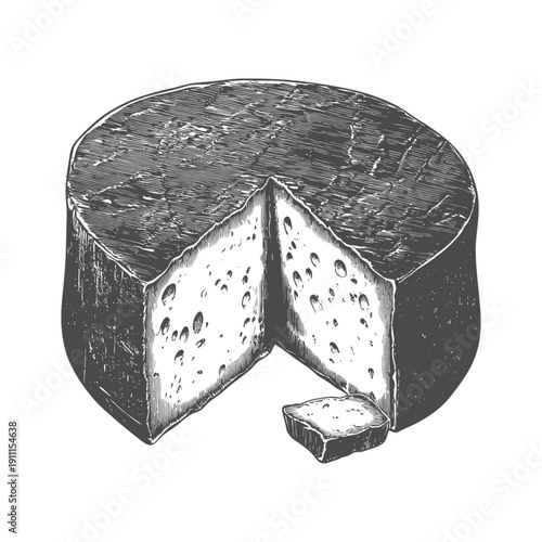 A detailed monochrome illustration of a round cheese wheel cut
