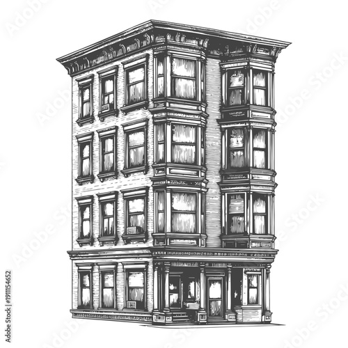 Detailed grayscale illustration depicting a classic urban apartment building structure