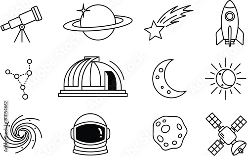 A collection of black and white line art icons depicting various elements of space exploration and astronomy.
