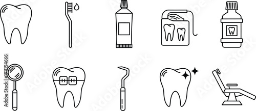 A set of black and white line icons representing dental care, oral hygiene products, and equipment