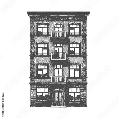 Detailed black and white illustration of a multi story apartment building