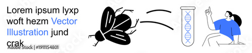 Genetic research, DNA analysis, scientific innovation, biology education, molecular science, research communication. Illustration of a fly, test tube with DNA and a person pointing. Genetic research
