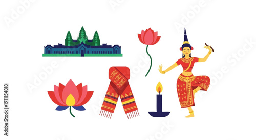 Traditional Khmer dancer surrounded by lotus flowers candle and temple red and gold clothing 1