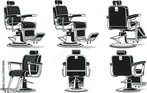 Barber chair silhouette collection, vintage salon furniture vector set, professional haircut equipment illustration for barbershop, grooming, interior design