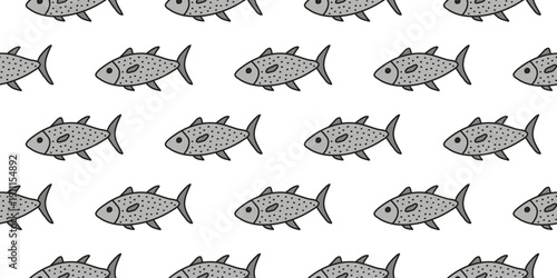 Cute seamless pattern with doodle fishes on white background.