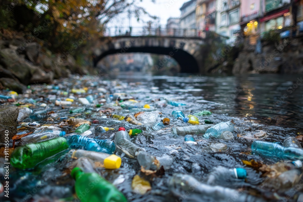 Fototapeta premium Plastic bottles and trash float in water under a bridge in a city during a cloudy day in autumn
