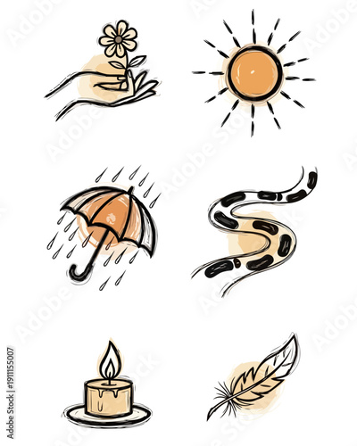 A collection of whimsical hand-drawn icons featuring nature elements like a flower, sun, rain, river, candle, and feather, perfect for adding a touch of charm to designs