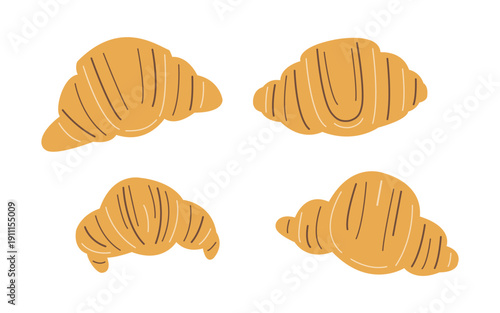 Set of cute flat whimsical buttery croissants isolated on white background. Modern minimalist French pastries for breakfast, cafe, bakery designs, packaging, posters, etc.