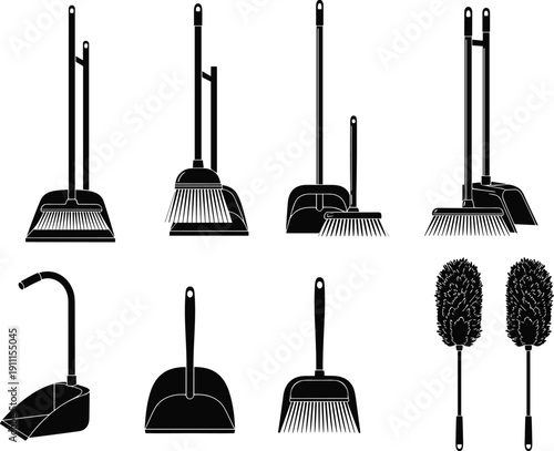 Cleaning tools silhouette collection, broom dustpan brush set, household sanitation equipment vector for housekeeping, maintenance, hygiene illustration design