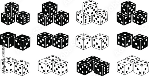Dice cube silhouettes collection, casino gambling game illustration set, black and white lucky gaming icons isolated on white background